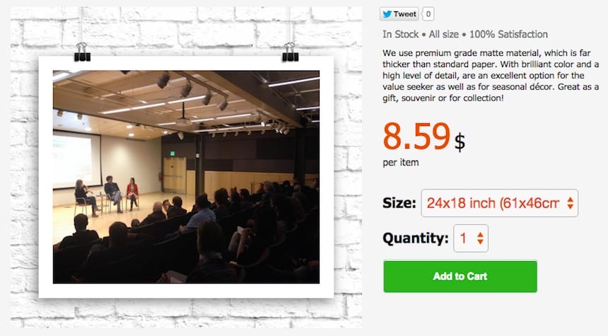 A print of Hyperallergic editors speaking in Baltimore, for sale on WallPart.com (screenshot by the author)