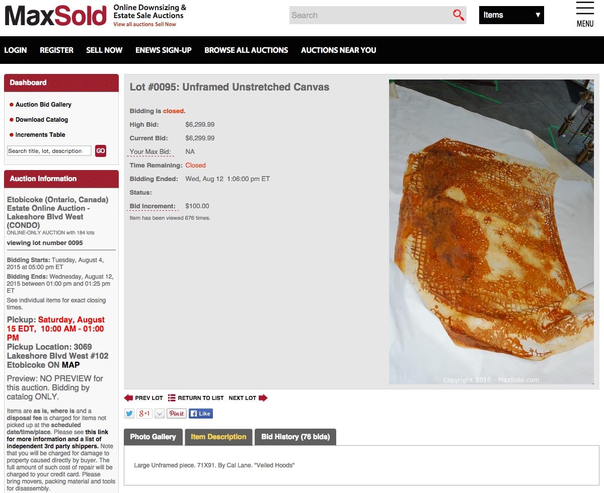 Auction page for Cal Lane's "Veiled Hood Stain #8" (2014) on MaxSold (screenshot by the author)