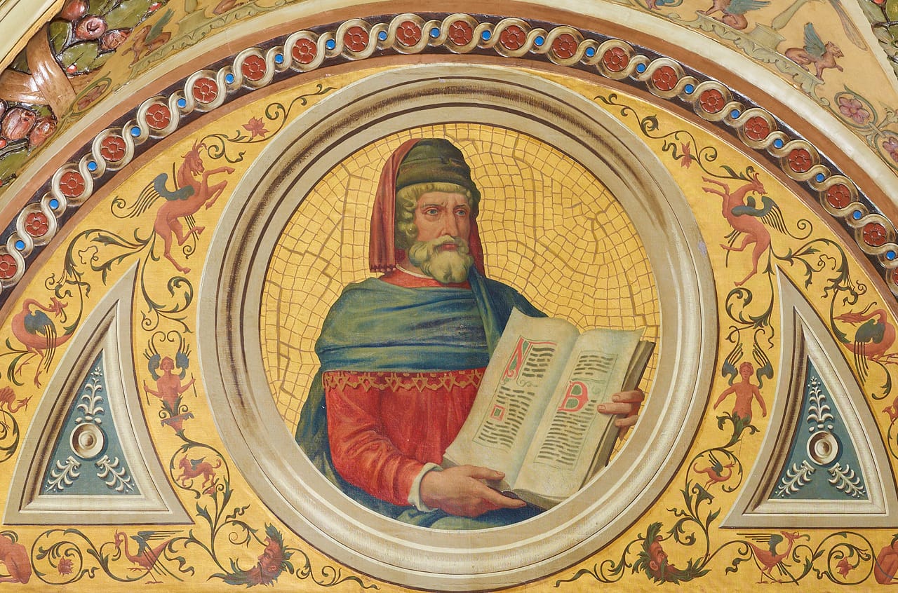 Portrait of William Caxton painted by H. Siddons Mowbray on a ceiling roundel in the Morgan Library (© The Morgan Library & Museum, photo by Graham S. Haber)
