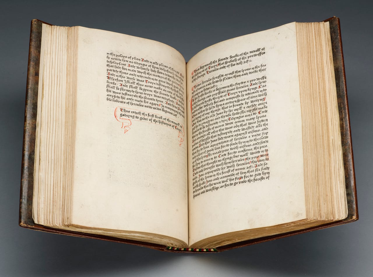 Raoul Lefèvre, 'Recuyell of the Histories of Troye' (about 1473-74), translated by William Caxton, Ghent: David Aubert for William Caxton (courtesy the Morgan Library & Museum)