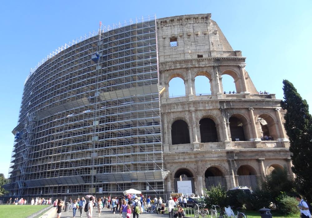 The Colosseum in Rome undergoing renovations (photo by the author for Hyperallergic)
