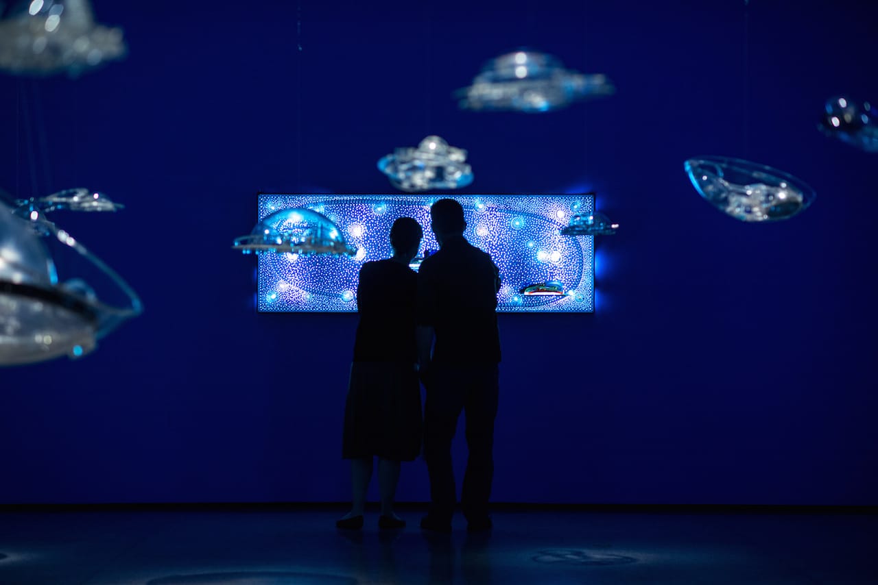 Installation view of 'Cosmic Dialogues: Selections from the Latin American Collection' with with Gyula Kosice’s "The Hydrospatial City" (photo by Cameron Bertuzzi, courtesy the Museum of Fine Arts, Houston)