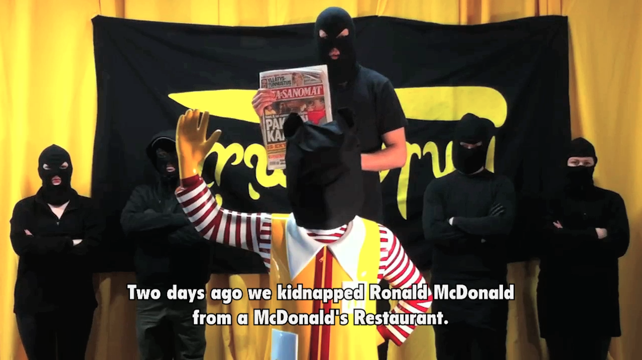 Jani Leinonen, "Still from Food Liberation Army: The kidnapping of Ronald McDonald," 2011 (courtesy the artist)