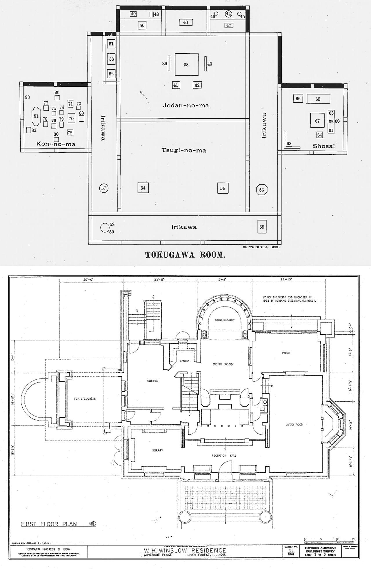 Top: Floor plan of the Ho-o-den (image digitized by National Diet Library); bottom: floor plan of the Winslow House (image via Wikipedia) (click to enlarge)