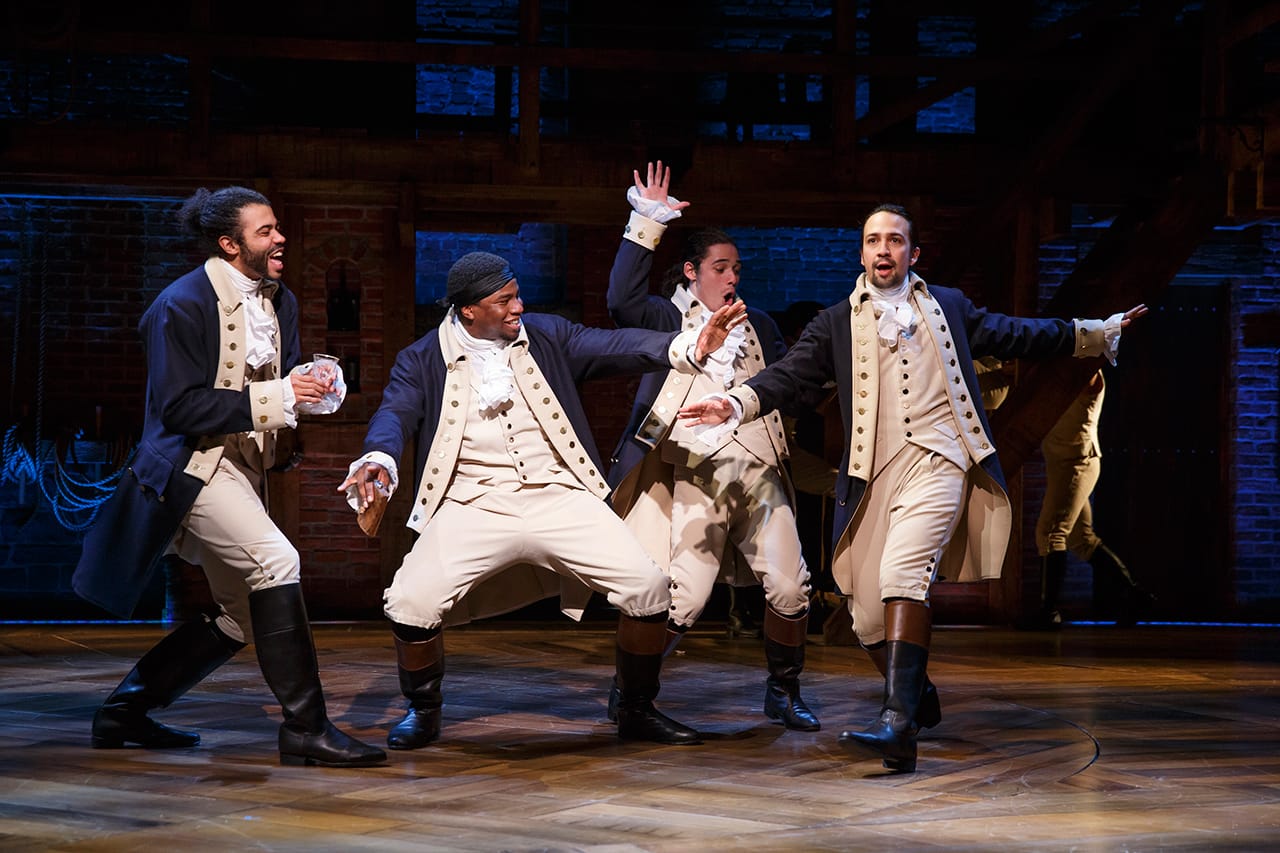 Daveed Diggs, Okieriete Onaodowan, Anthony Ramos, and Lin-Manuel Miranda in 'Hamilton' (photo by Joan Marcus) (click to enlarge)