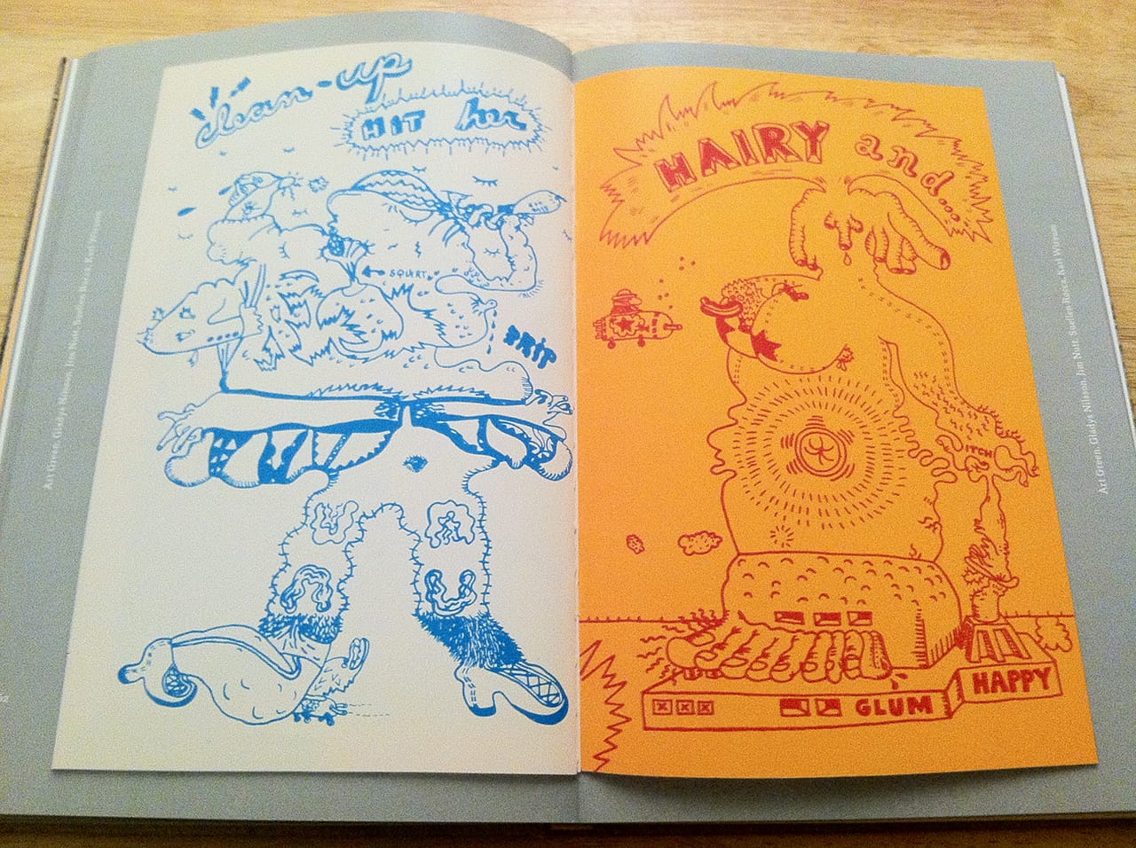 “Clean up Hit her,” a spread by Art Green, Gladys Nilsson, Jim Nutt, Suellen Rocca, and Karl Wirsum in 'The Collected Hairy Who Publications 1966–1969' (photo by the author for Hyperallergic)