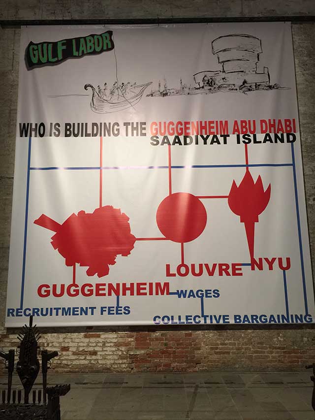 The Gulf Labor banner before the intervention (photo by the author for Hyperallergic)