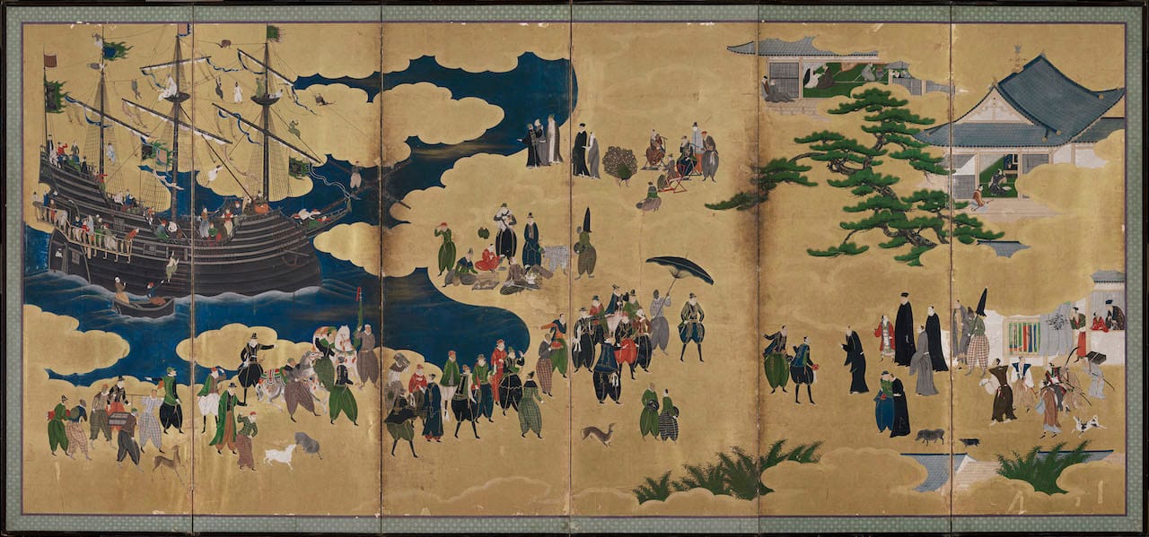 "Southern Barbarians Come to Trade," attributed to Kano Naizen (Japanese, Edo period, about 1600), ink, color, gold, gold leaf on paper (courtesy Museum of Fine Arts, Boston)