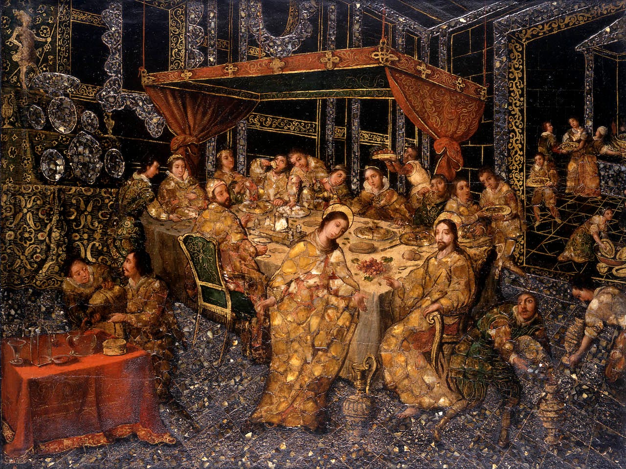 Nicolás Correa, "The Wedding at Cana" (1693), mixed media with encrusted mother-of-pearl on panel (on loan from the Hispanic Society of America in NYC, courtesy Museum of Fine Arts, Boston)