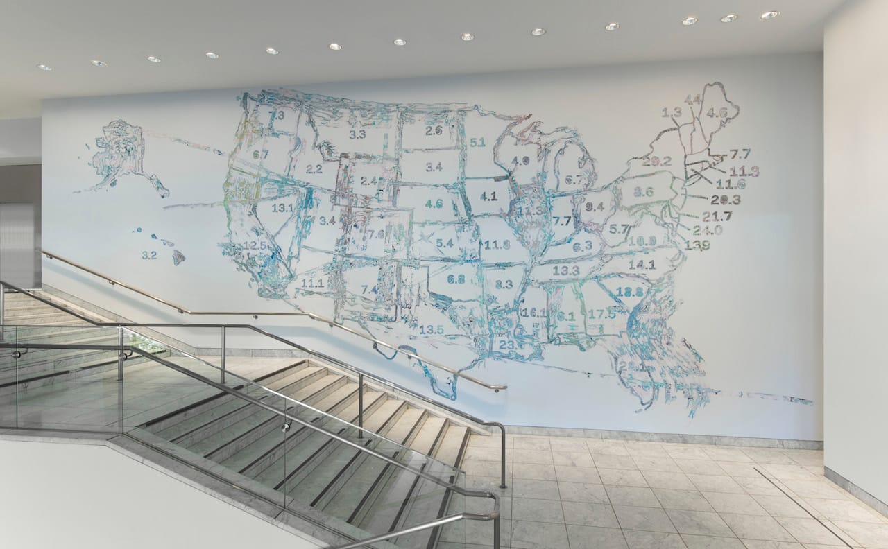 Installation view of 'Mark Bradford: Scorched Earth' featuring "Finding Barry" (2015) (photo by Brian Forrest, courtesy the Hammer Museum)