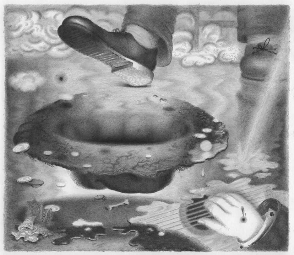 Joshua Marsh, "Busker's Hat" (2015), graphite on paper, 6.625 x 7.625 inches