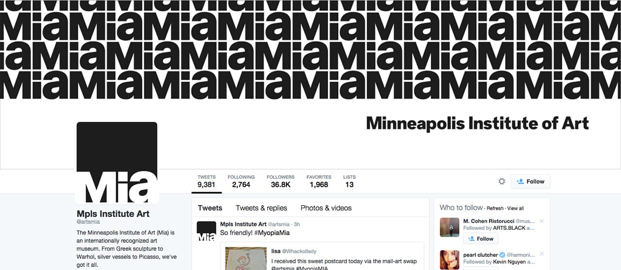 The Minneapolis Institute of Art's new logo spread across its Twitter page (screenshot via @artsmia/Twitter)