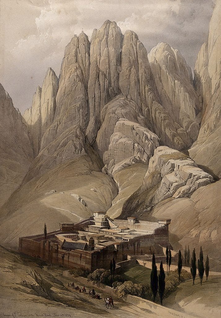 Monastery of St. Catherine beneath Mount Sinai, lithograph by Louis Haghe after David Roberts (1849) (via Wellcome Images)