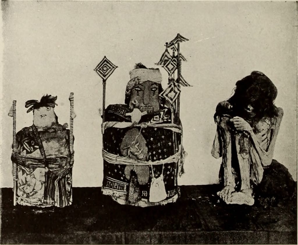 Peruvian mummy bundles and mummy from a 1911 'General guide to the exhibition halls of the American Museum of Natural History' (via Internet Archive Book Images/Flickr)