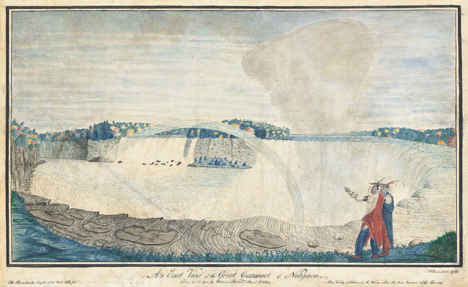 Thomas Davies, "An East View of the Great Cataract of Niagara" (1762), considered the first eyewitness painting of Niagara Falls (courtesy Christie's)