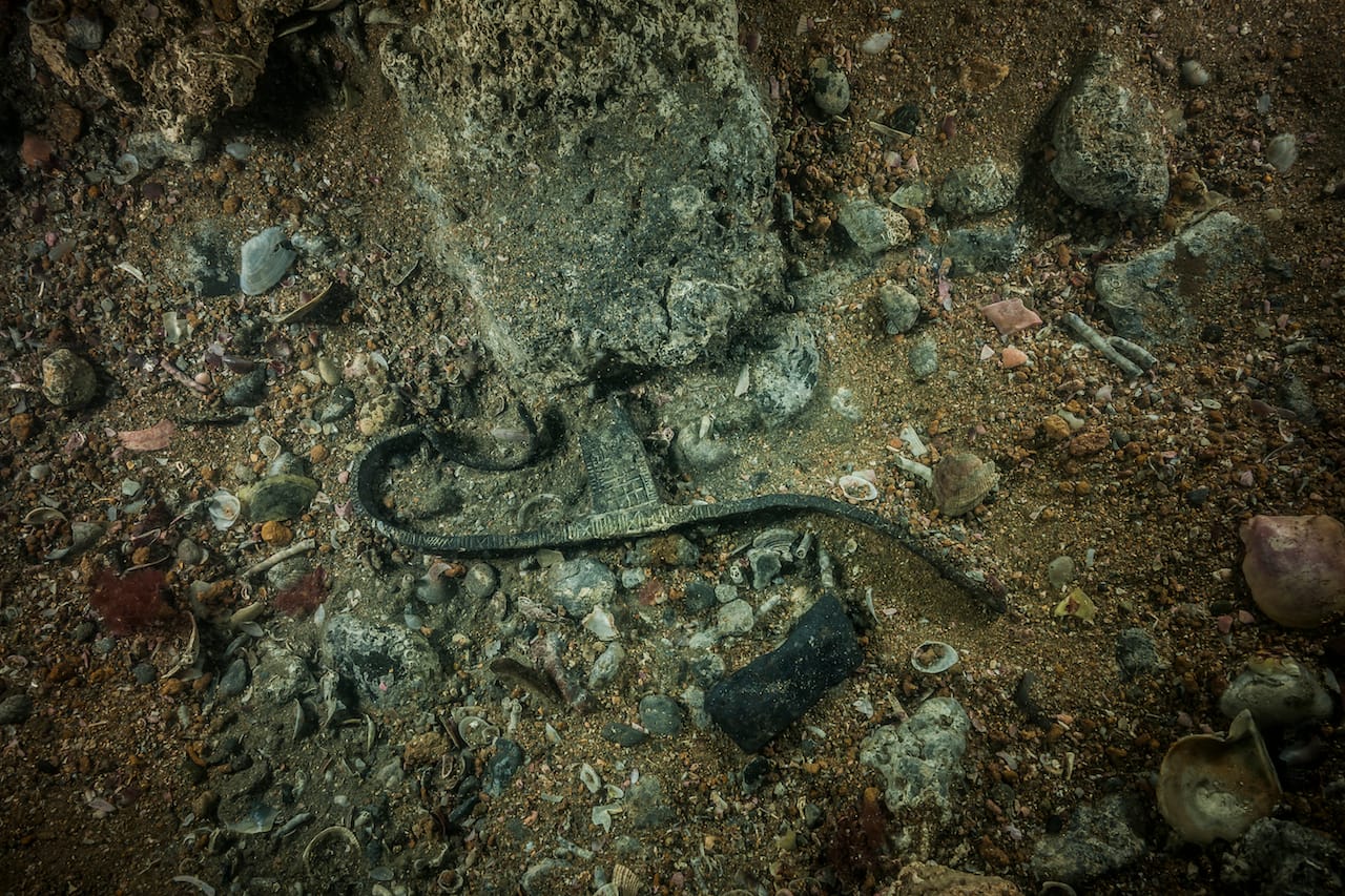 Votive barque in situ, lead, found at Thonis-Heracleion, Aboukir Bay, Egypt (© Franck Goddio/Hilti Foundation, photo by Christoph Gerigk)