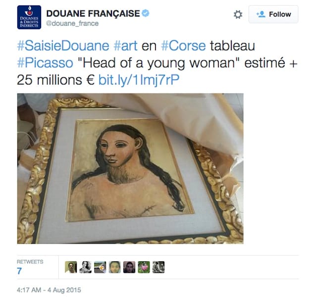 A tweet by French Customs showing the Pablo Picasso painting seized from Jaime Botín's yacht, "Head of a Young Woman." (screenshot by the author)