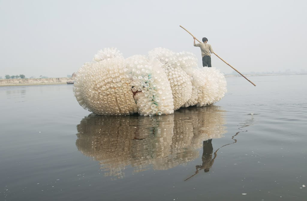 Anne Percoco, "Indra's Cloud" (2009), plastic bottles, rope, boat, site-specific project in Vrindavan, India (courtesy Asian Cultural Council and Friends of Vrindavan)