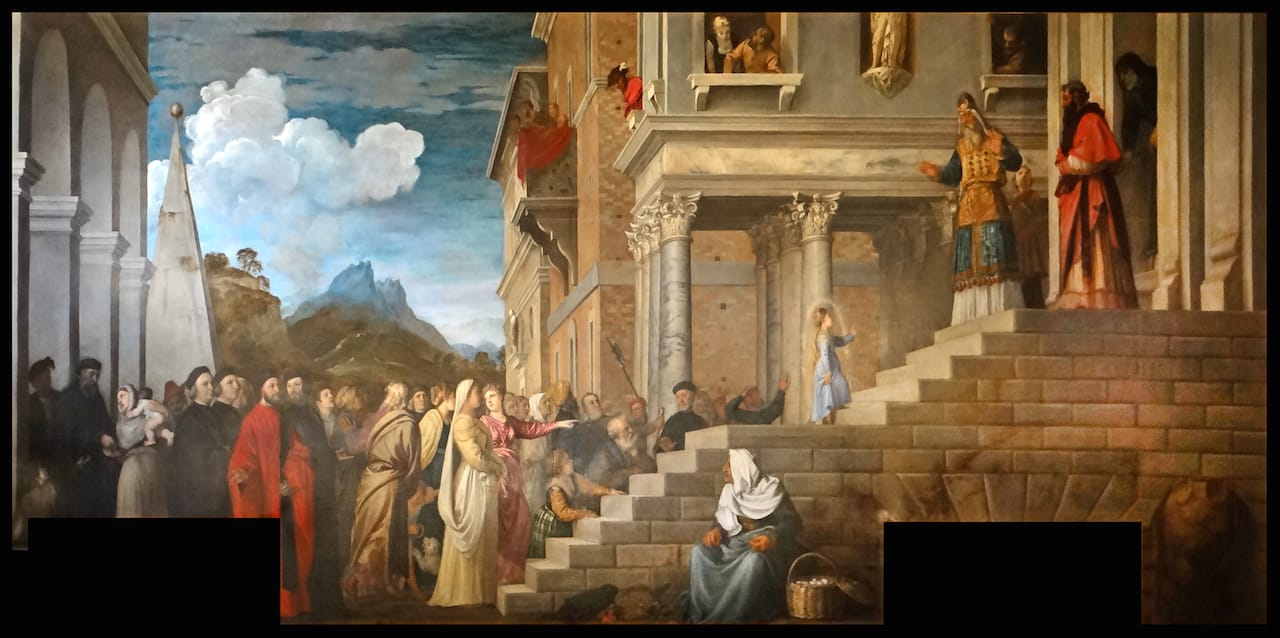 Titian, "The Presentation of the Virgin at the Temple" (c. 1534–39) at the Gallerie dell'Accademia in Venice (image via Wikimedia Commons)