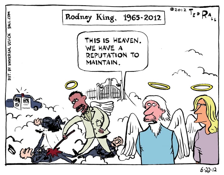 In this send-up of the hoary obituary cartoon form, I imagine LAPD beating victim Rodney King getting eternal payback for the suffering he endured at the hands of brutal police officers.