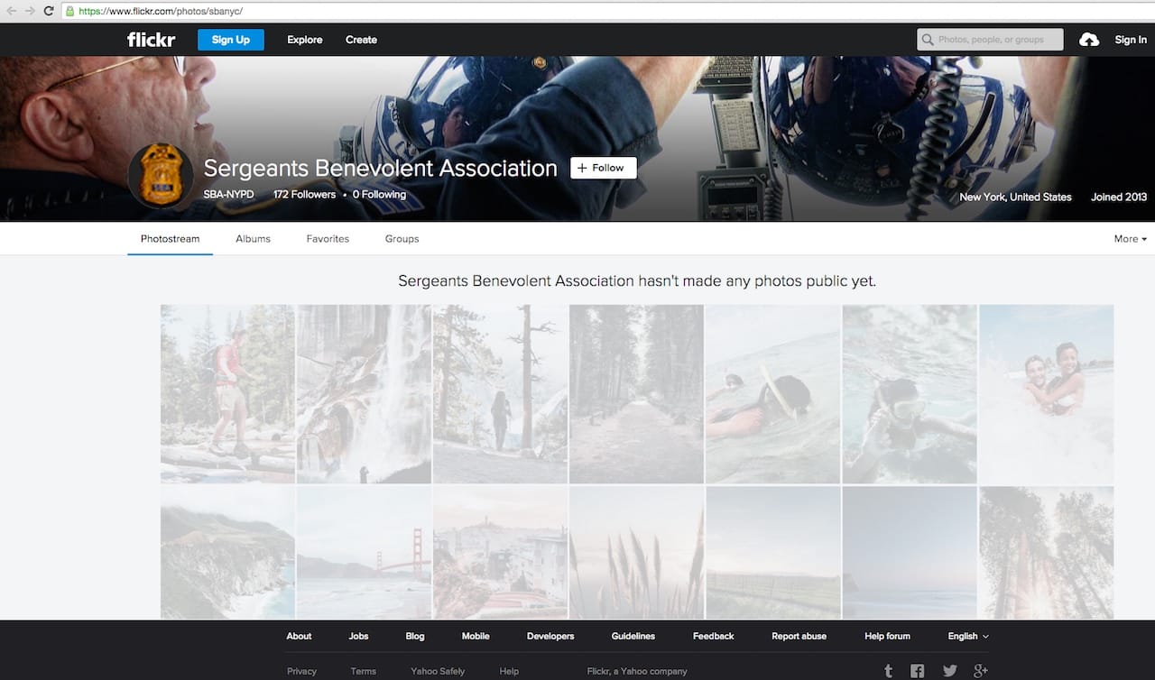 The Sargeants Benevolent Association's Flickr page, after Flickr removed all their photos. (screenshot by Benjamin Sutton/Hyperallergic)