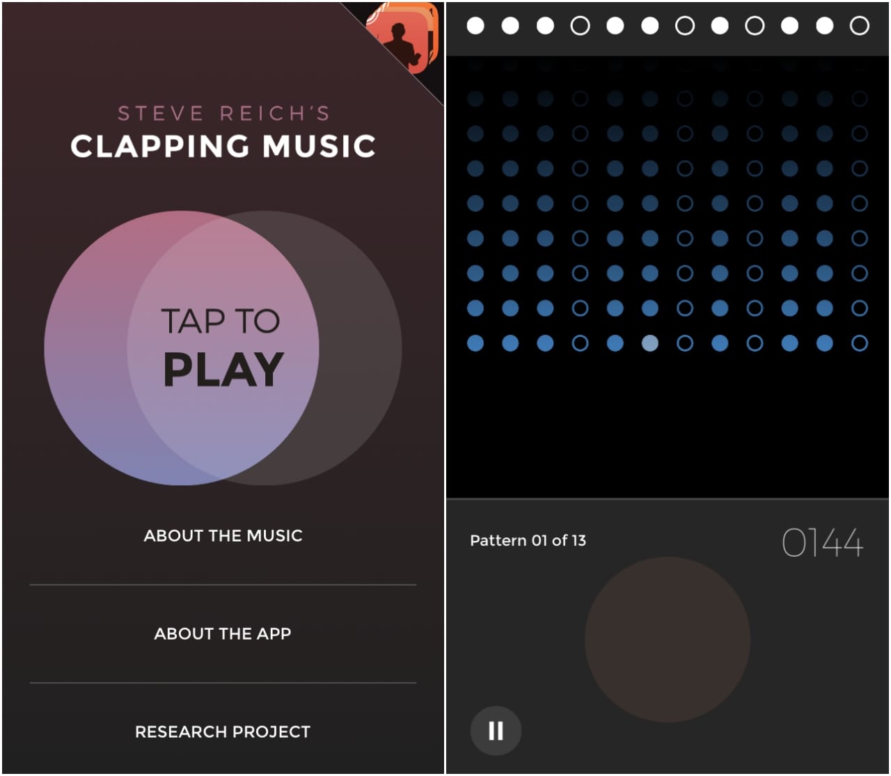 Menu and play screen from 'Steve Reich's Clapping Music' (screenshots by the author for Hyperallergic)