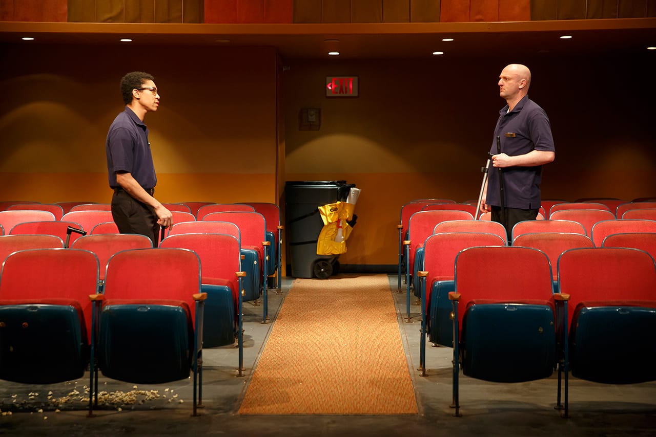 Aaron Clifton Moten and Matthew Maher in a scene from 'The Flick' by Annie Baker, directed by Sam Gold, at the Barrow Street Theatre (photo by Joan Marcus)