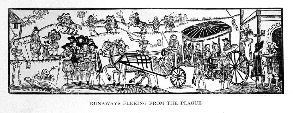 "Runaways Fleeing from the Plague" (1630), a woodcut from 'A Looking-glasse for City and Countrey' by H. Gosson (via Wellcome Images)