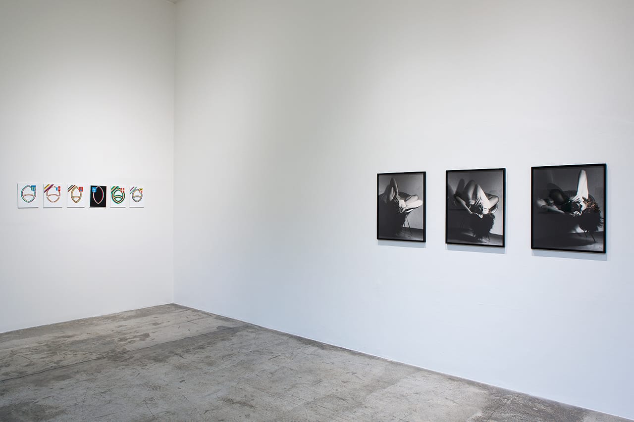 Left, Kasper Bosmans, "Mandorla: Fontanella, Varese, Volpedo, Paruzzaro, Loreto Aprutino, Como" (2015), and right, Janice Guy, "Untitled (Rattan Chair. Triptich)" (1979) (click to enlarge)