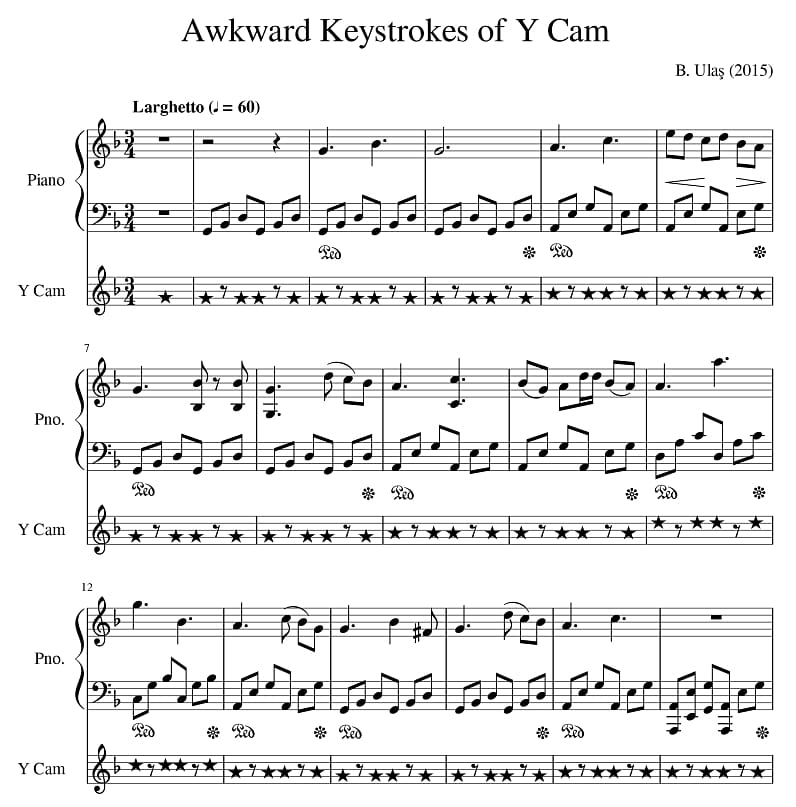 Selection from the sheet music for "Awkward Keystrokes of Y Cam" by  Ulaş (via arxiv.org)