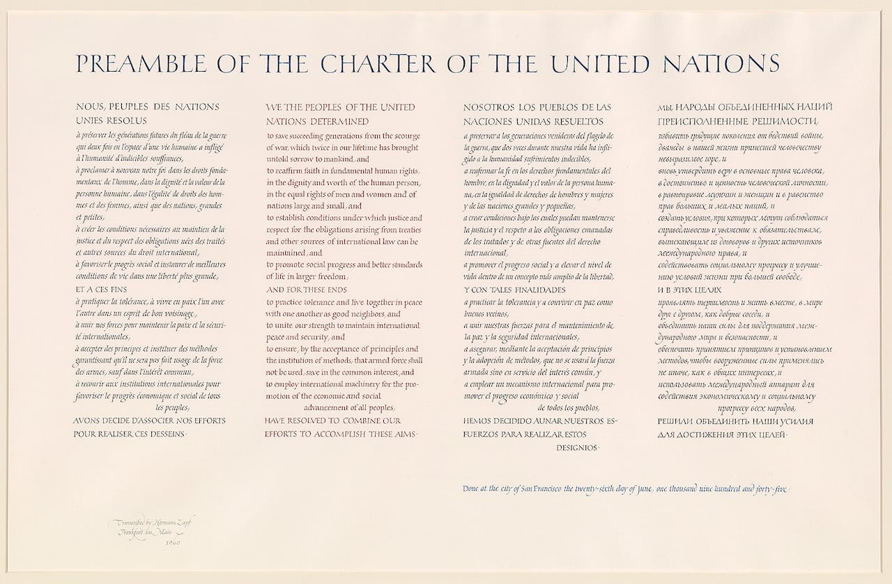 Hermann Zapf, Calligraphic manuscript of the Preamble of the Charter of the United Nations in French, English, Spanish, and Russian, Signed and dated Frankfurt am Main, 1960 (courtesy the Morgan Library & Museum) (click to enlarge)