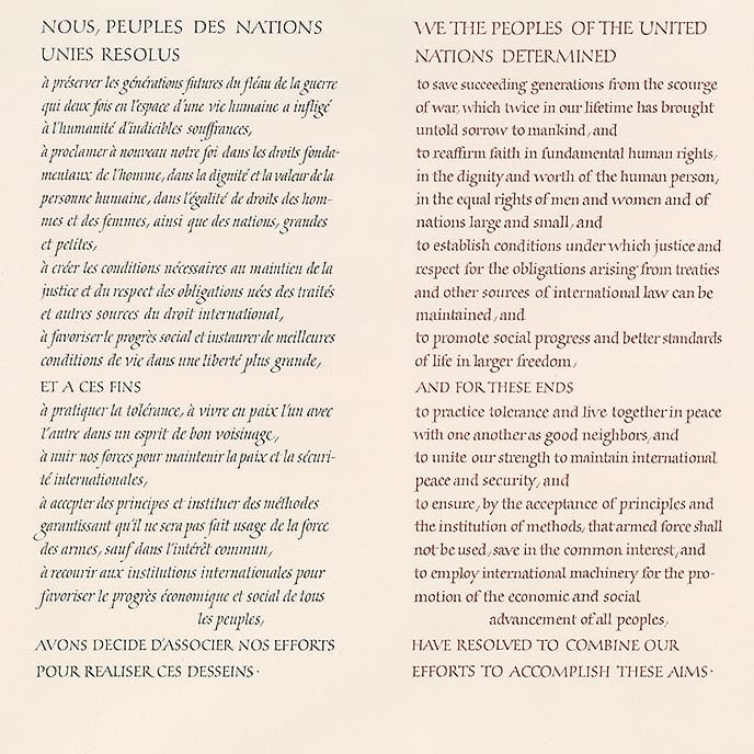 Hermann Zapf, Detail of the calligraphic manuscript of the Preamble of the Charter of the United Nations in French, English, Spanish, and Russian, Signed and dated Frankfurt am Main, 1960 (courtesy the Morgan Library & Museum)