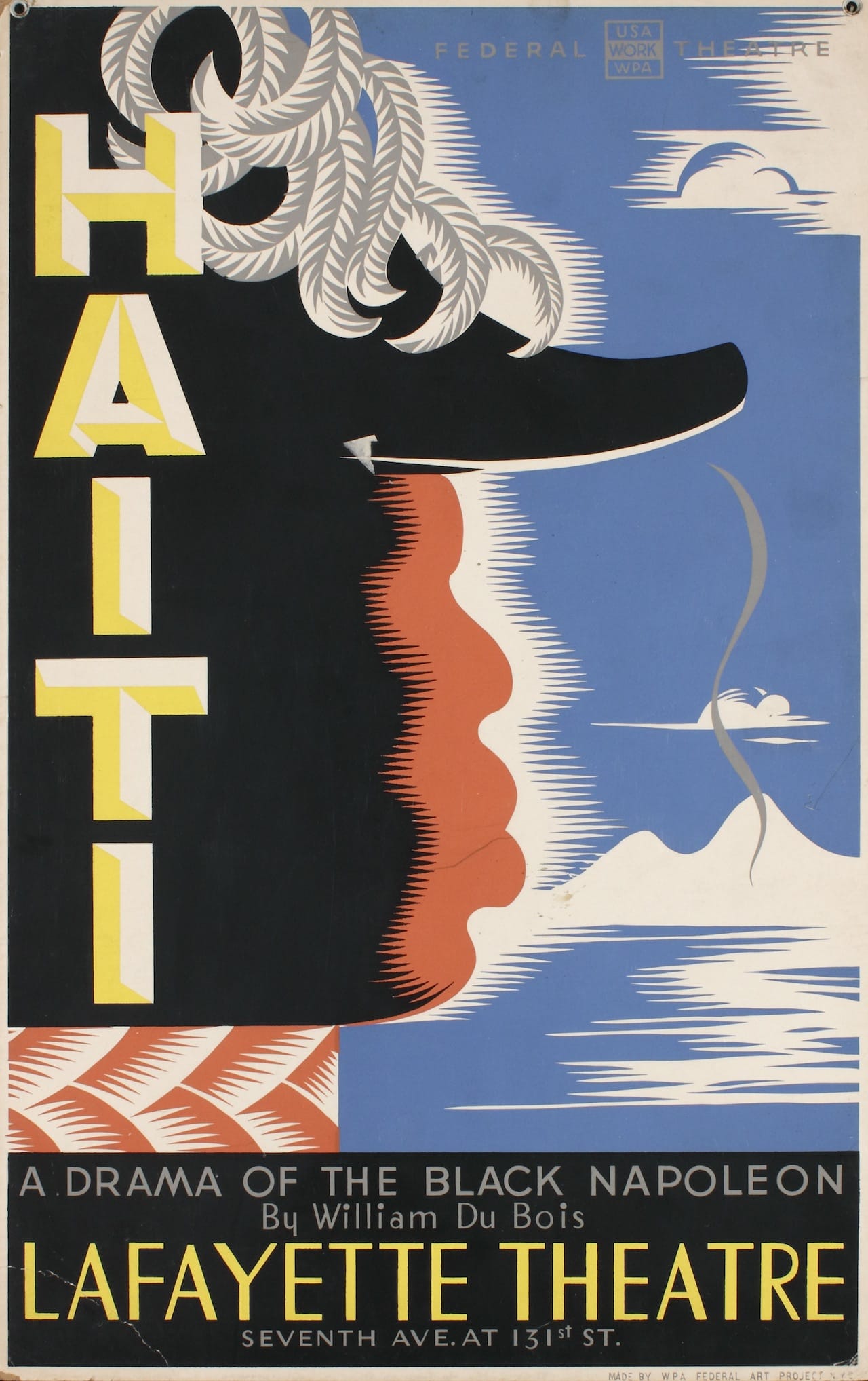 Vera Bock, "Haiti; A Drama of the Black Napoleon by William Du Bois at Lafayette Theatre" (1938), screenprint on board, Collection of Merrill C. Berman