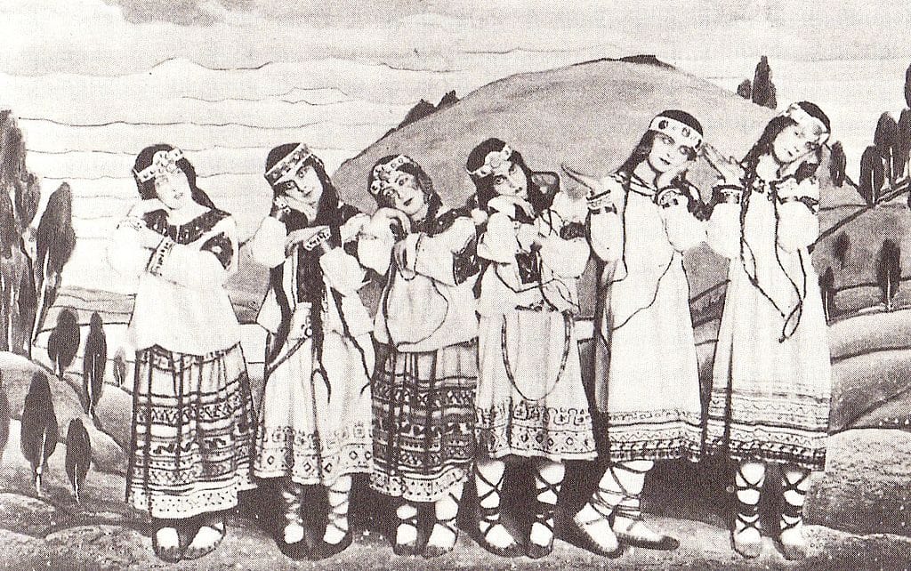 Dancers in costume from the original 1913 production of Igor Stravinsky’s “Rite of Spring.” (Source)