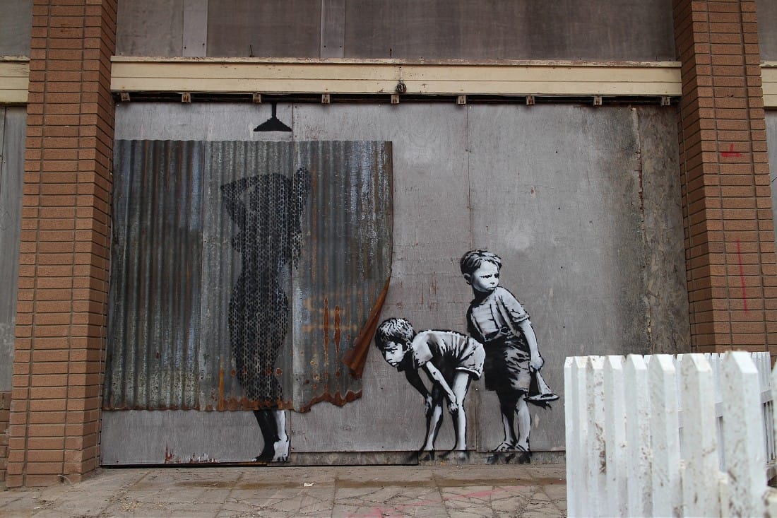 Stencil by Banksy (photo by @sashabogojev) (click to enlarge)