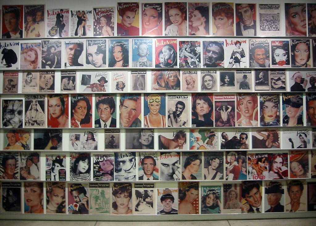 A wall of Interview magazine covers (image courtesy Philip Kromer)