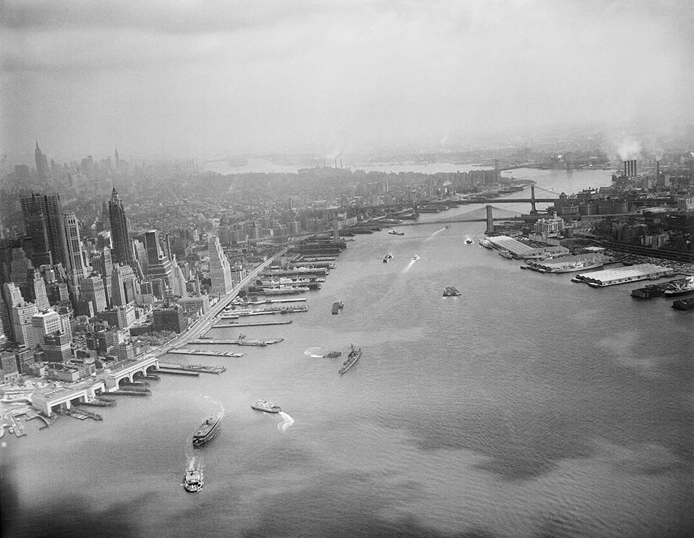 Aerial view up the East River (May 27, 1960, photo by Theodore V. Donaldson)