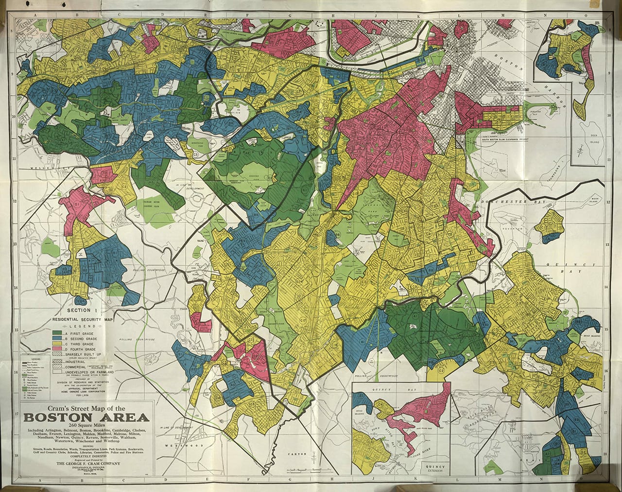 The 1936 FHA redlining map that 'Redlined' participants used to plan their route. The area of Boston they covered was the largest section, in the upper right, walked pretty much end to end across the longest bit.