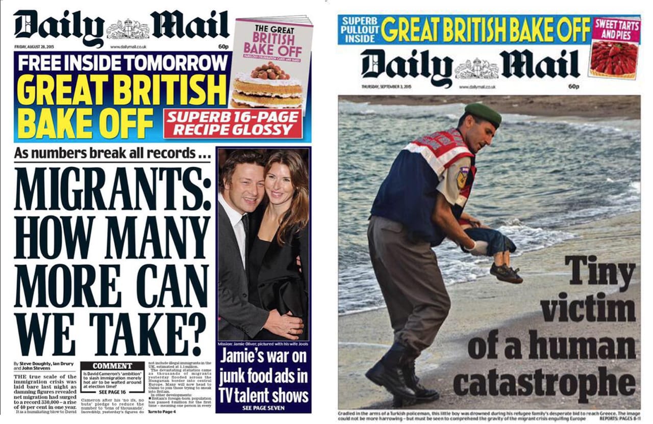 People were shocked by the images of 3-year-old Aylan Kurdi, who was found dead on the coast of Turkey after his boat capsized on its way to Europe. One tweet this week (by @footyramblings) captured the hypocrisy of some in the media. These two cover by The Daily Mail are only six days apart. (via @footyramblings)