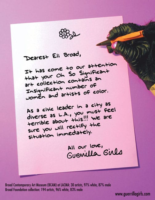 The new Broad Museum is slated to open and William Poundstone of LACMA on Fire reminds us that the Guerrilla Girls have already taken the LA collector to task for his collection. (via LACMA on Fire)