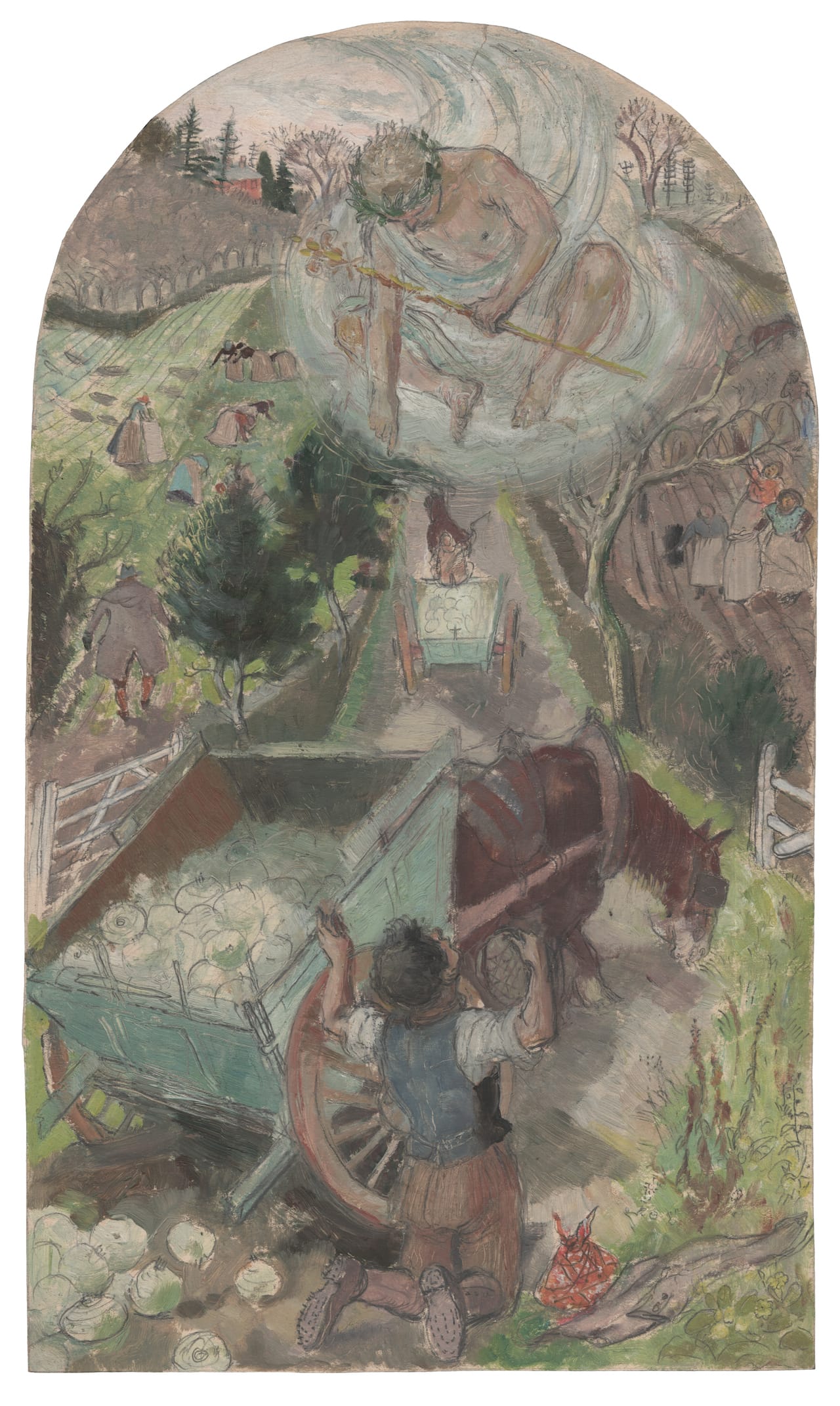 Evelyn Dunbar, "Hercules and the Waggoner (Brockley)" (1933), pencil and oil on paper (© The Artist's Estate, courtesy of Liss Llewellyn Fine Art)