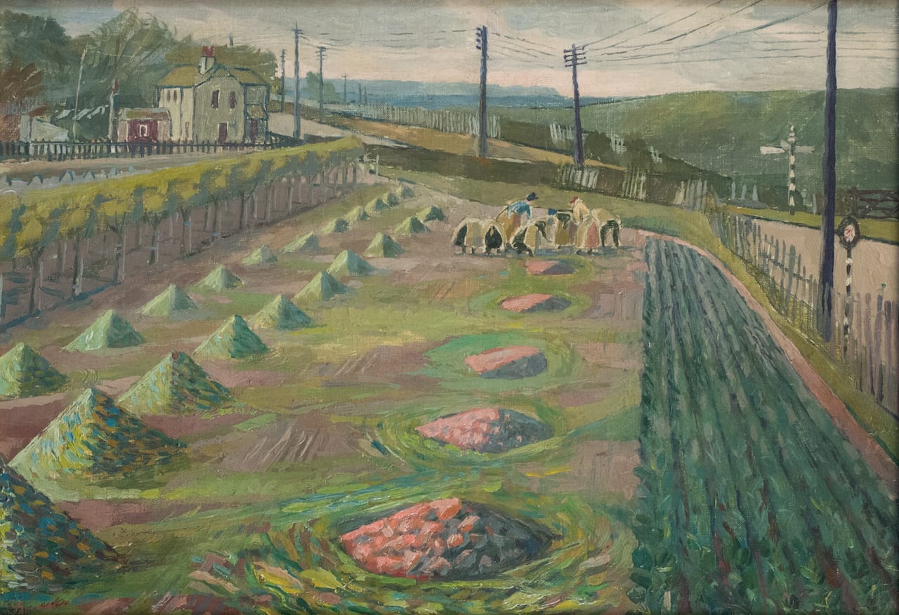 Evelyn Dunbar, "Land Workers at Strood" (1938), oil on canvas (© The Artist's Estate, courtesy of Liss Llewellyn Fine Art)