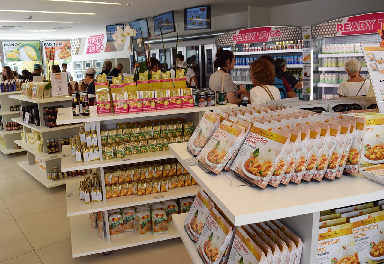 Packaged foods, heated up on the spot in microwaves and ovens, in the Thai pavilion