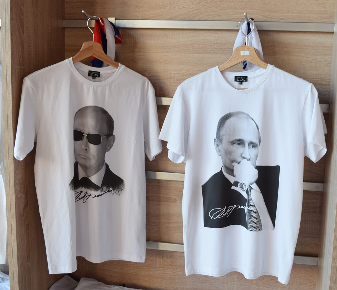 Vladimir Putin T-shirts, priced at €99 (~$110), for sale in the Russian pavilion's gift shop