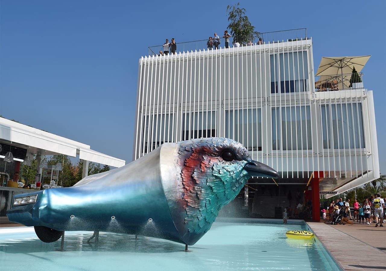 A sculpture by Lukáš Rittstein in front of the Czech pavilion