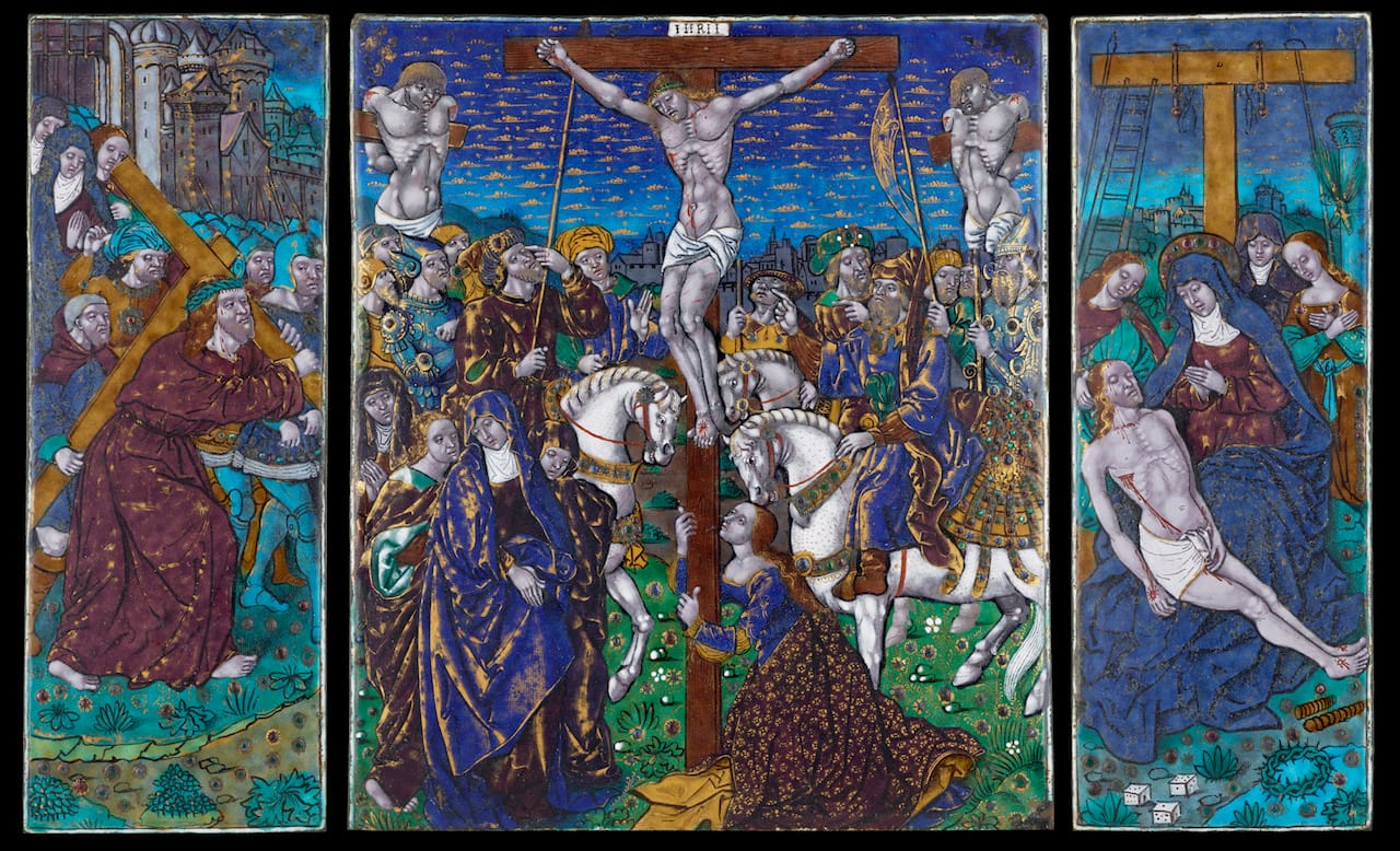 Attributed to Jean Pénicaud I or the Master of the Louis XII, "Triptych: The Crucifixion with The Way to Calvary and the Pieta" (ca. 1525−35), enamel on copper. Central plaque: 10 3/16 × 8 3/4 inches; wings: 10 1/4 x 3 3/4 inches. (courtesy The Frick Collection, photo by Michael Bodycomb)