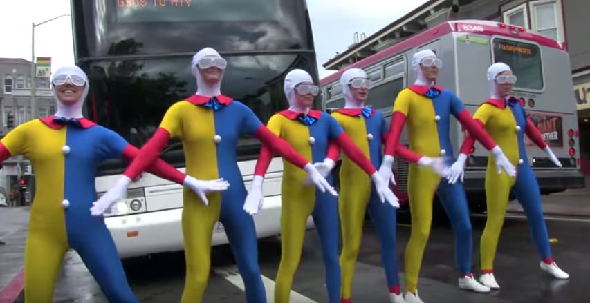 Dancer blocking the Google bus on April 1, 2014. (screenshot via YouTube)