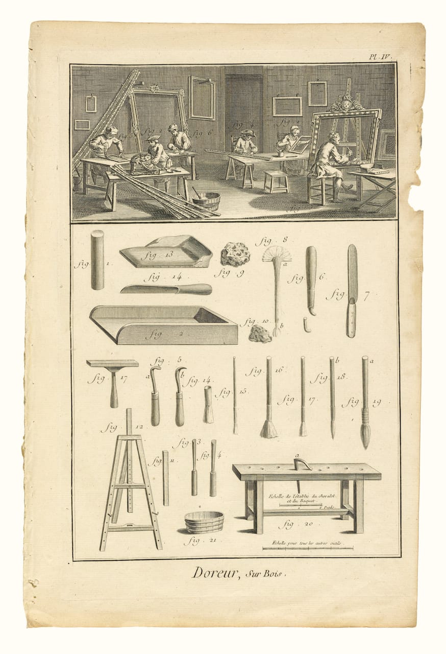 J. R. Lucotte, Louis-Jacques Goussier, Benoît-Louis Prévost, Denis Diderot, and Jean le Rond d'Alembert, "Doreur, sur Bois" (1751-76), etching