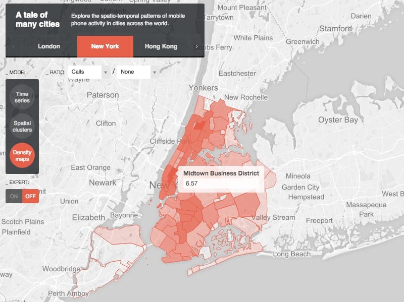 Density map of New York phone usage on MIT Senseable Lab's Many Cities