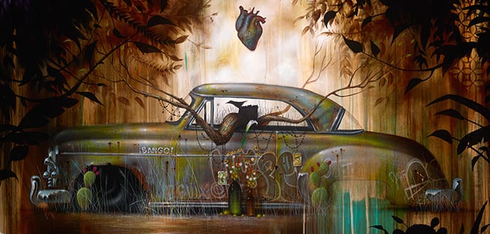 Johnny KMNDZ Rodriguez, "Atascado" (2015), acrylic on panel, 48” x 60.” Courtesy of KP Projects and the AltaMed Art Collection. (via molaa.org)